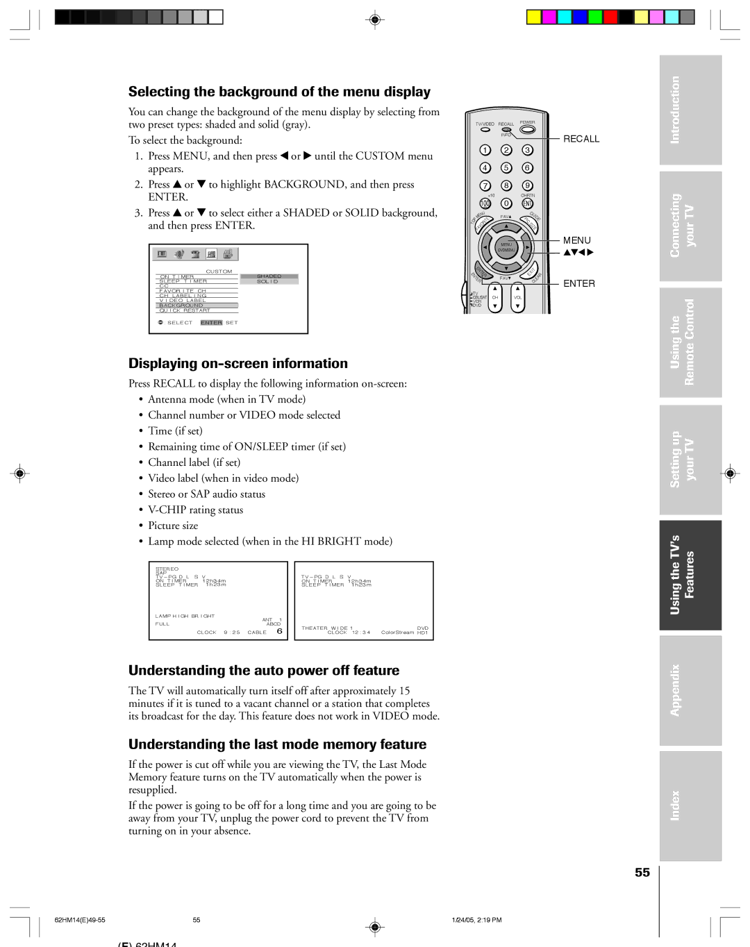 Toshiba DLPTM, 62HM14 owner manual Selecting the background of the menu display, Displaying on-screen information 