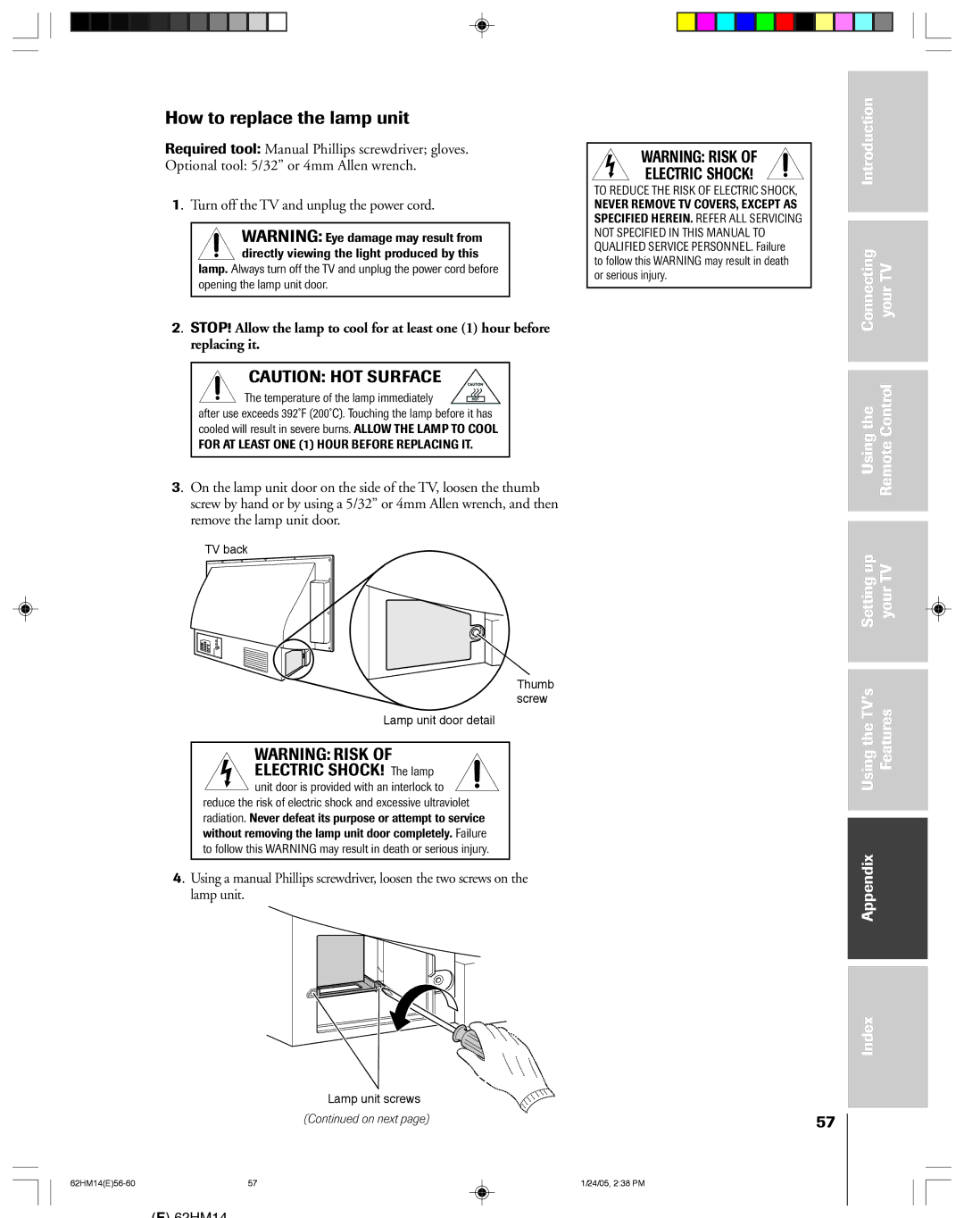 Toshiba DLPTM, 62HM14 How to replace the lamp unit, Introduction Connecting your TV, Using Setting up your TV Features 