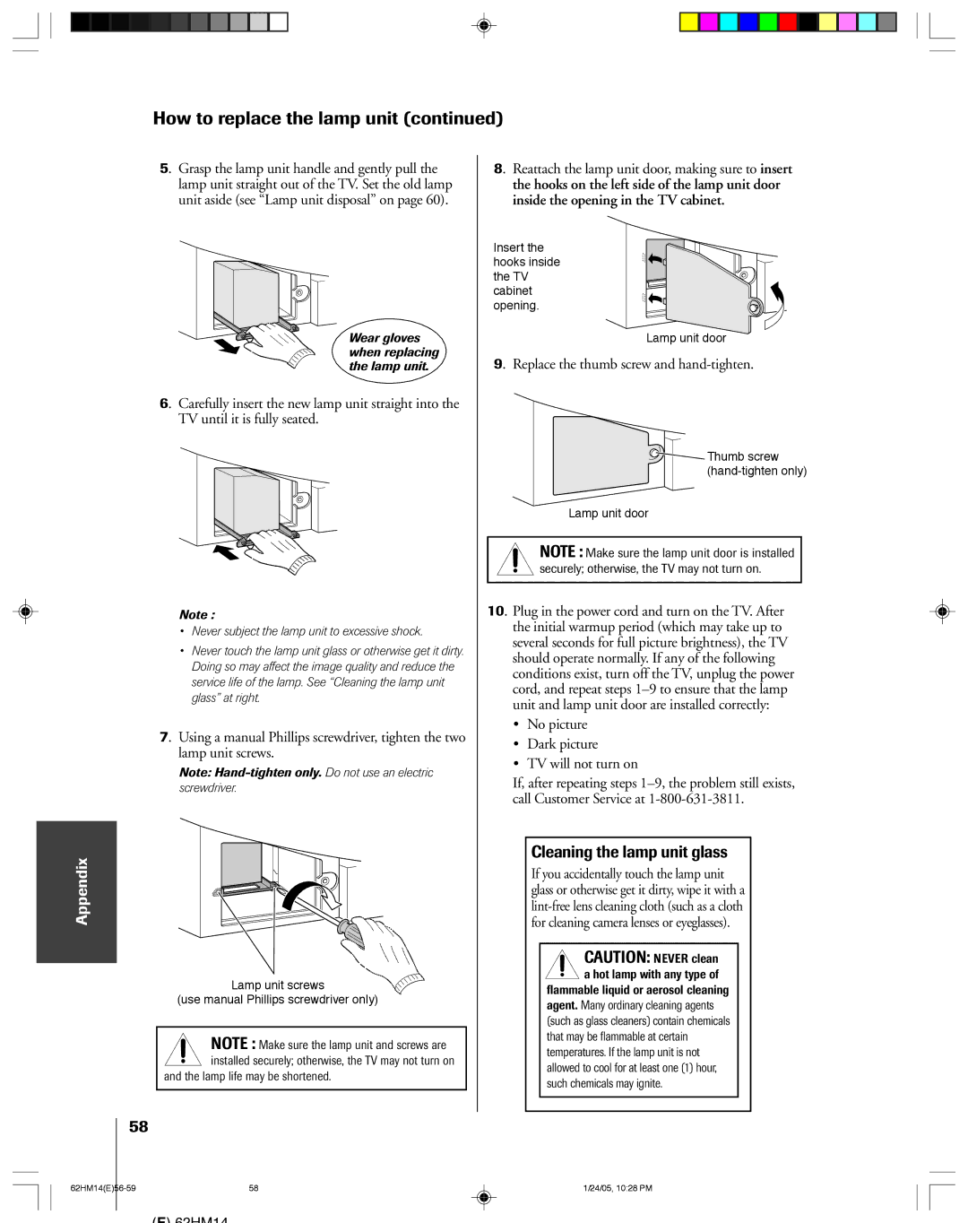 Toshiba 62HM14, DLPTM owner manual Replace the thumb screw and hand-tighten, No picture Dark picture TV will not turn on 