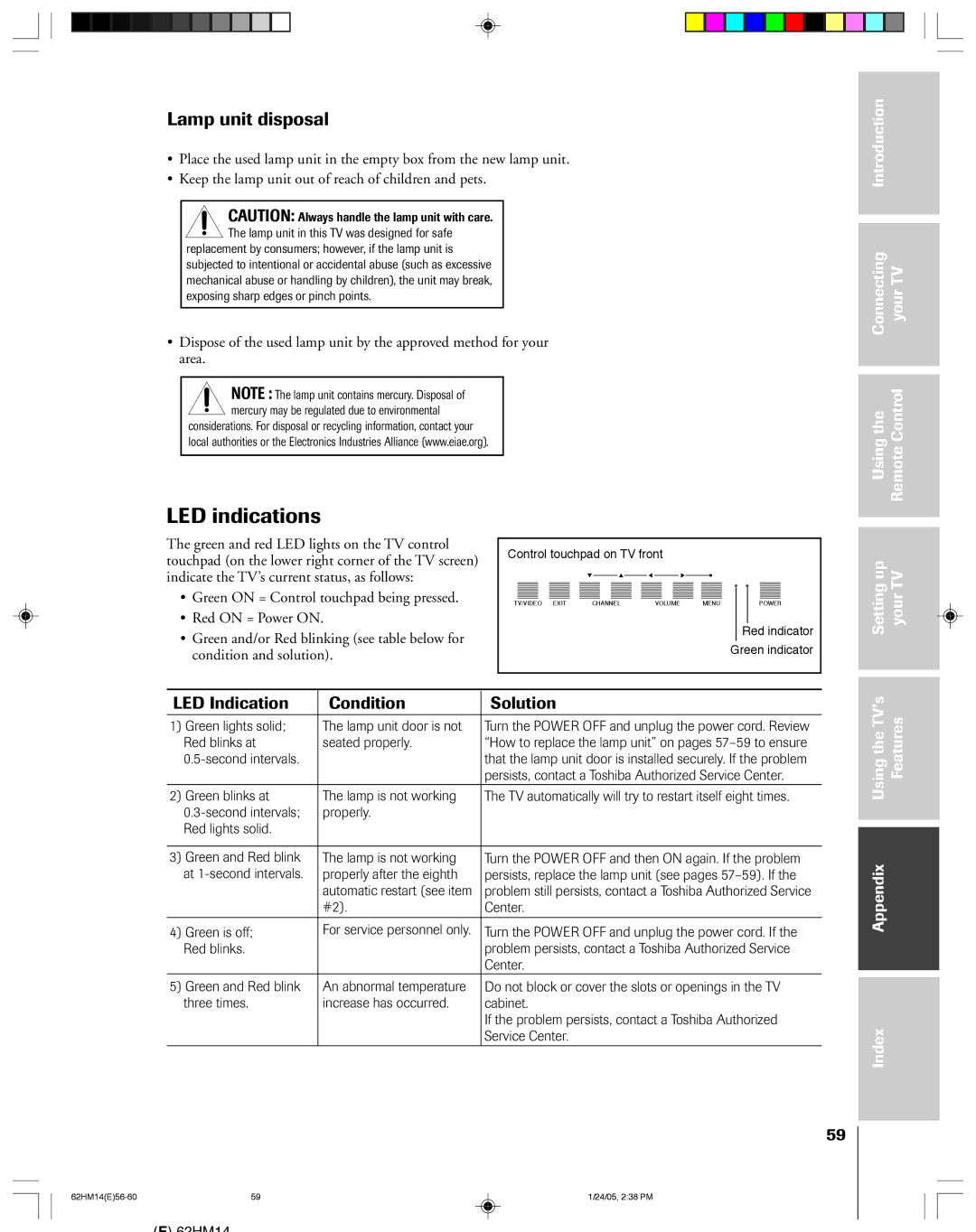 Toshiba DLPTM LED indications, Lamp unit disposal, Introduction Connecting YourTV, Usingthe RemoteControl Settingup YourTV 