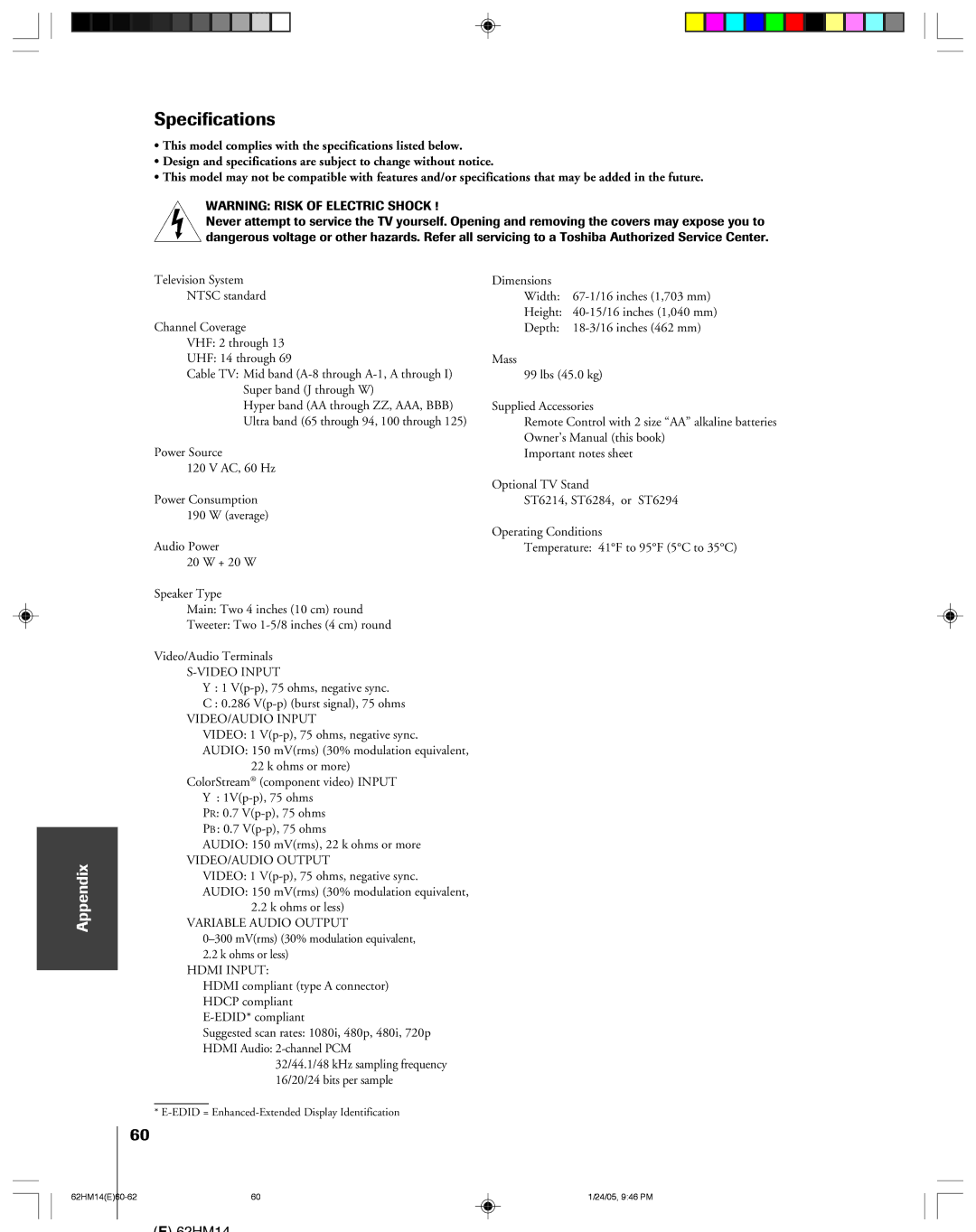 Toshiba 62HM14, DLPTM owner manual Specifications, VIDEO/AUDIO Input 