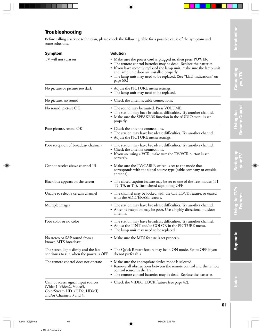 Toshiba DLPTM, 62HM14 owner manual Troubleshooting 