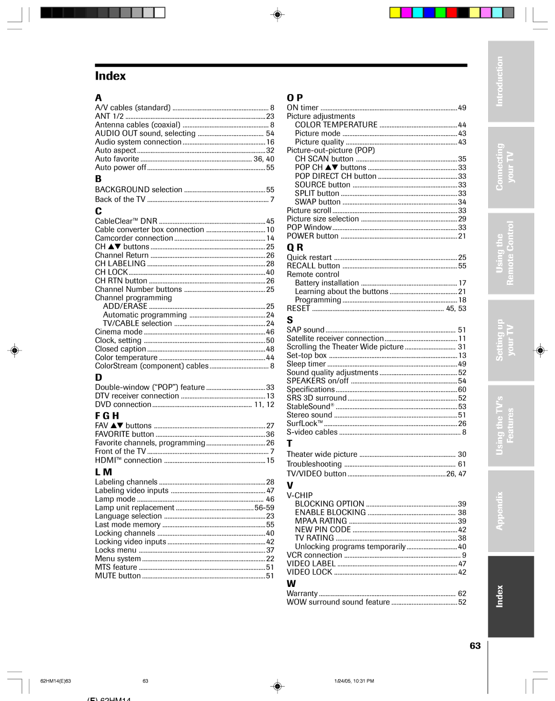 Toshiba DLPTM, 62HM14 owner manual Index 