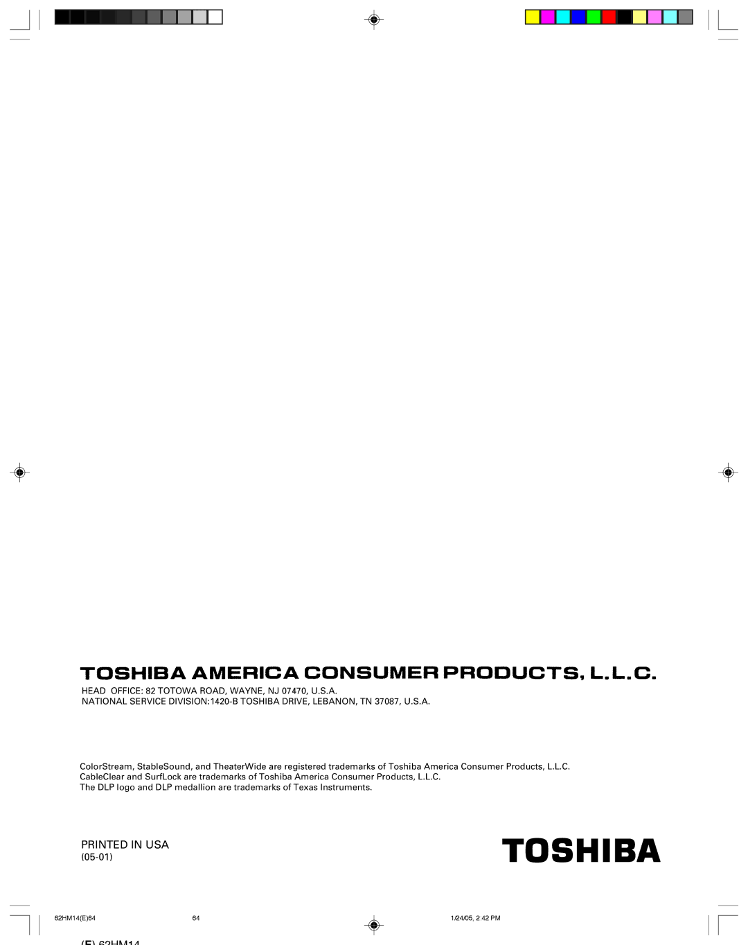 Toshiba 62HM14, DLPTM owner manual 05-01 