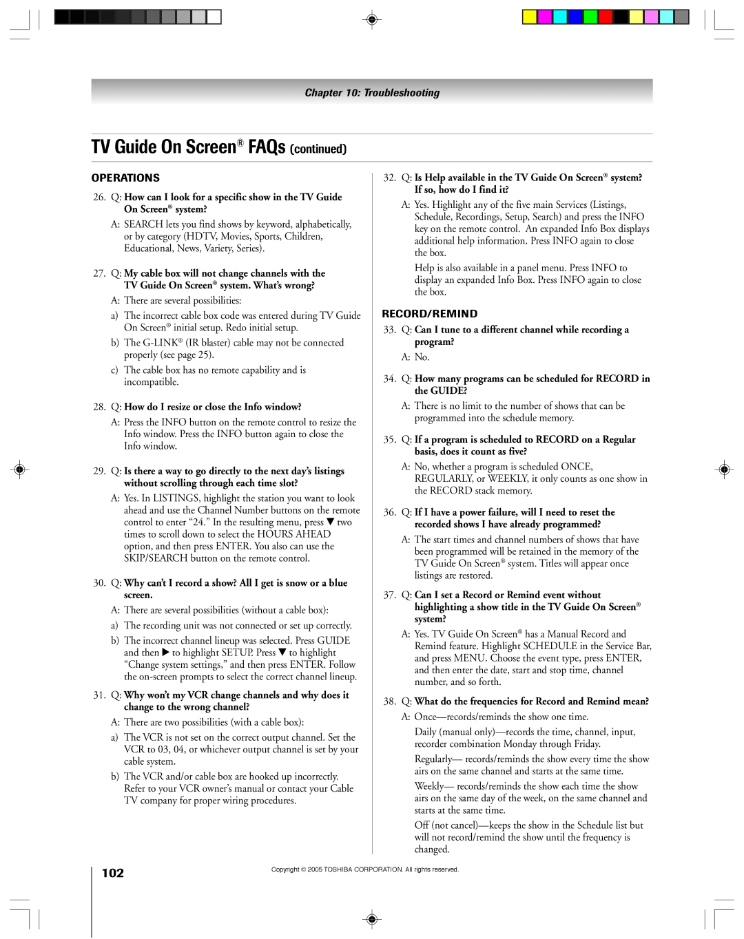 Toshiba 62HM15A, 46HM15 owner manual 102 