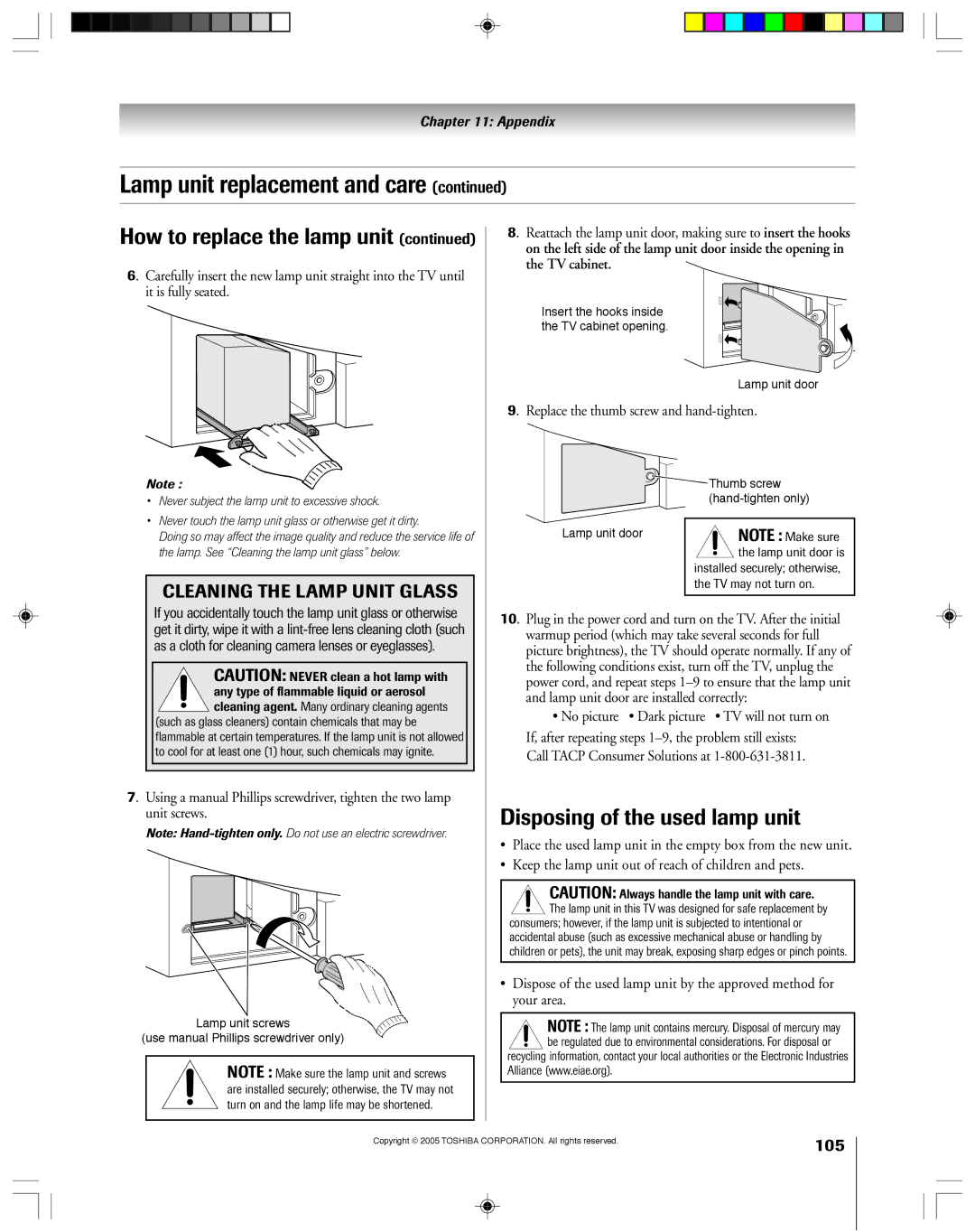 Toshiba 46HM15 Disposing of the used lamp unit, Replace the thumb screw and hand-tighten, Call Tacp Consumer Solutions at 