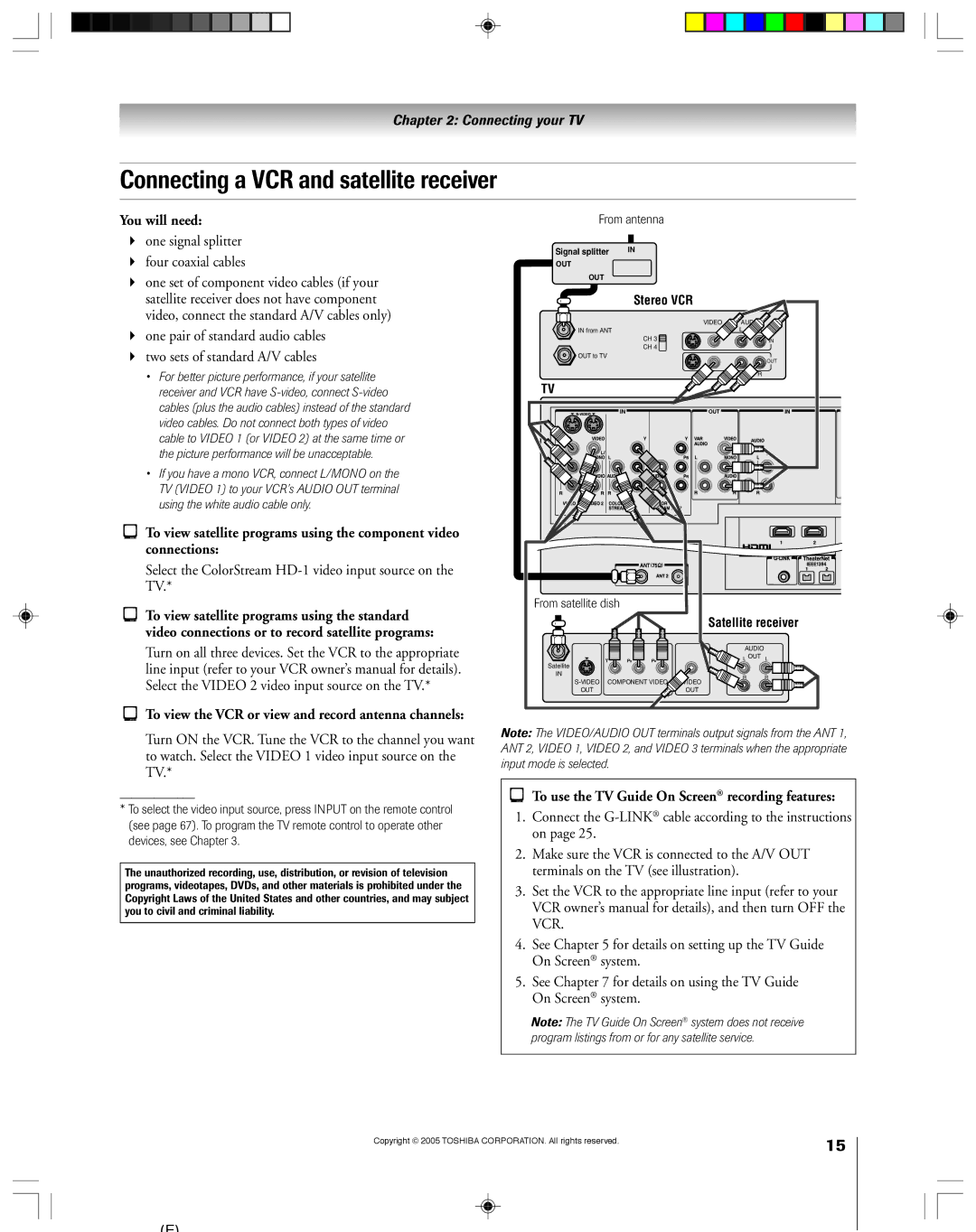 Toshiba 46HM15, 62HM15A Connecting a VCR and satellite receiver, One signal splitter Four coaxial cables, From antenna 