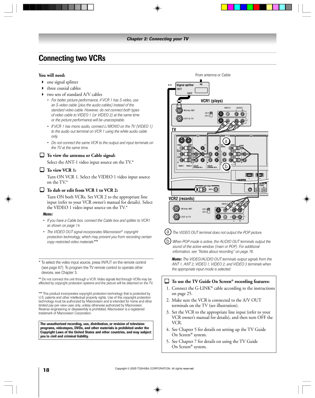 Toshiba 62HM15A, 46HM15 owner manual Connecting two VCRs, Select the ANT-1 video input source on the TV, To view VCR 