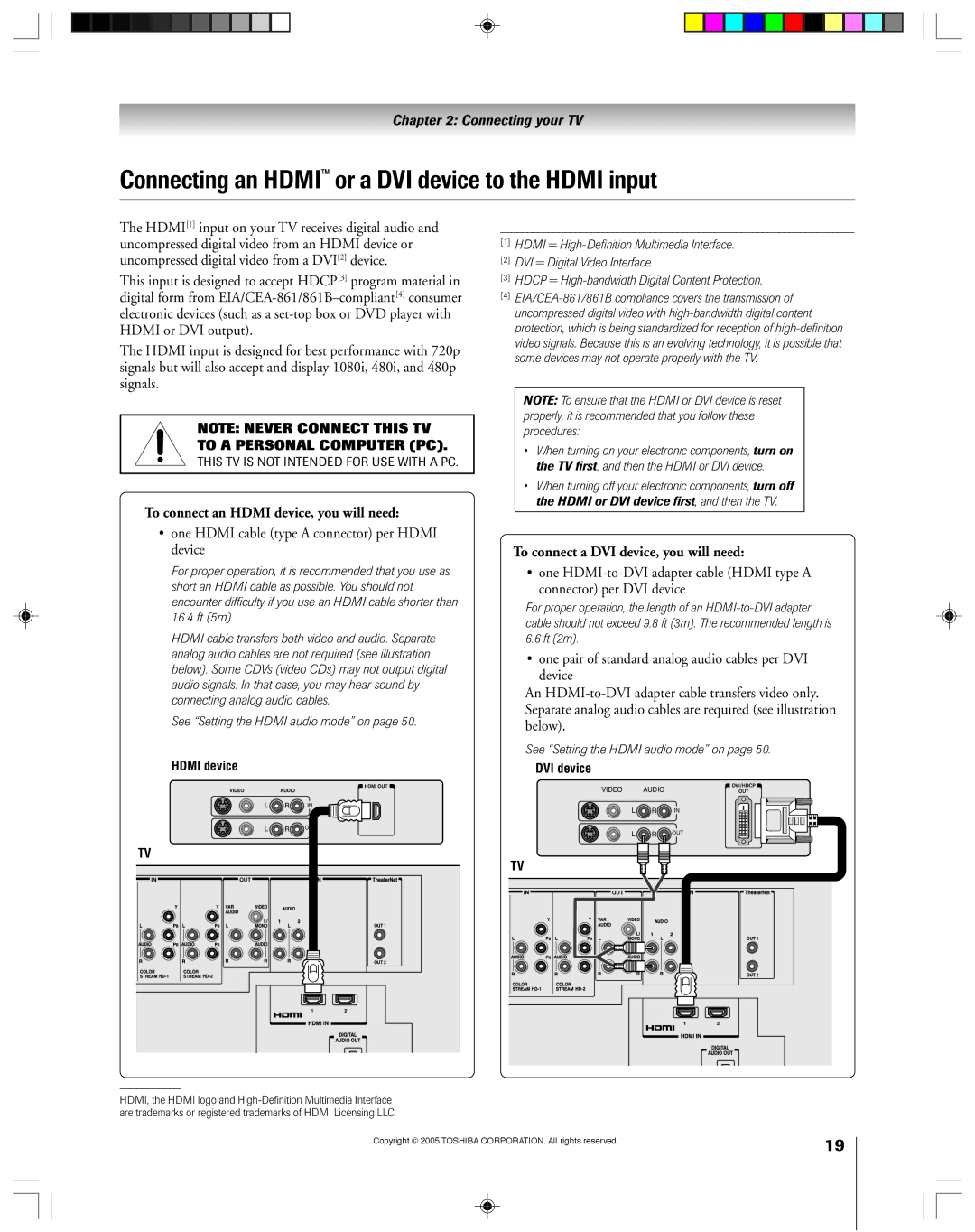 Toshiba 46HM15, 62HM15A Connecting an Hdmi or a DVI device to the Hdmi input, To connect an Hdmi device, you will need 