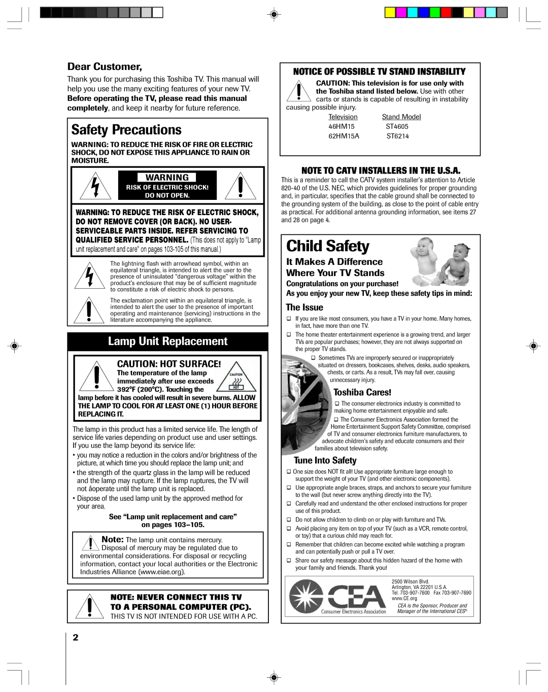 Toshiba owner manual Safety Precautions, Disposal of mercury may be regulated due to, 46HM15 ST4605 62HM15A ST6214 