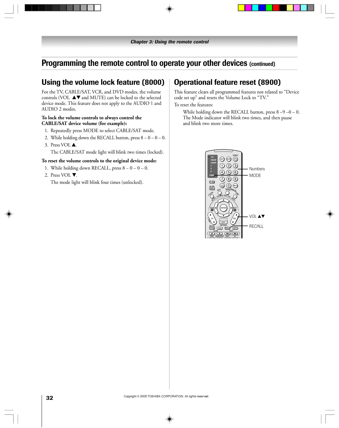 Toshiba 62HM15A Using the volume lock feature, Operational feature reset, Repeatedly press Mode to select CABLE/SAT mode 