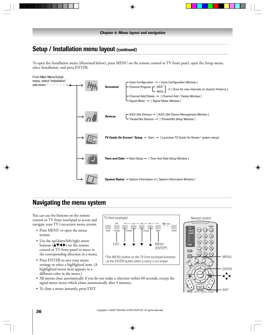 Toshiba 62HM15A Setup / Installation menu layout, Navigating the menu system, You can use the buttons on the remote 