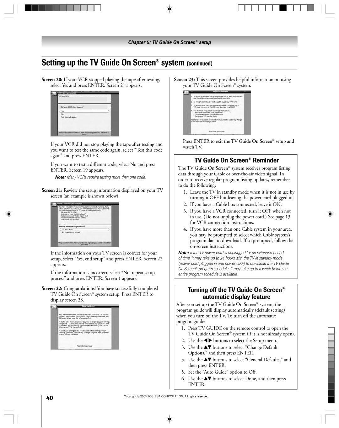 Toshiba 62HM15A, 46HM15 owner manual Turning off the TV Guide On Screen Automatic display feature 