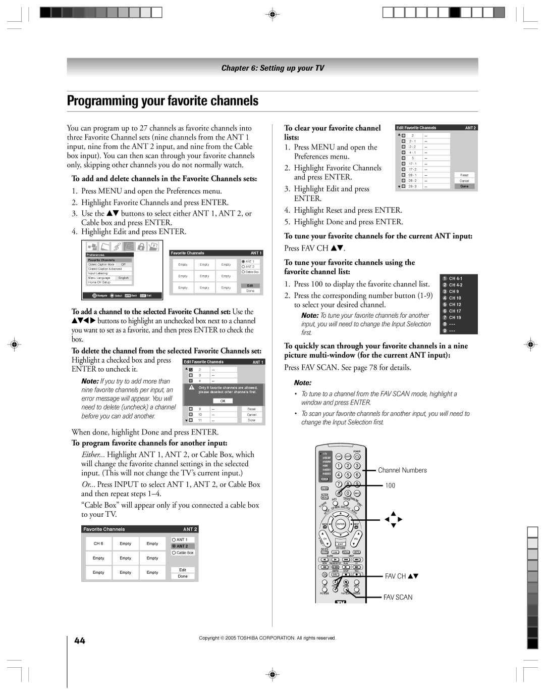 Toshiba 62HM15A Programming your favorite channels, To add and delete channels in the Favorite Channels sets, Lists 