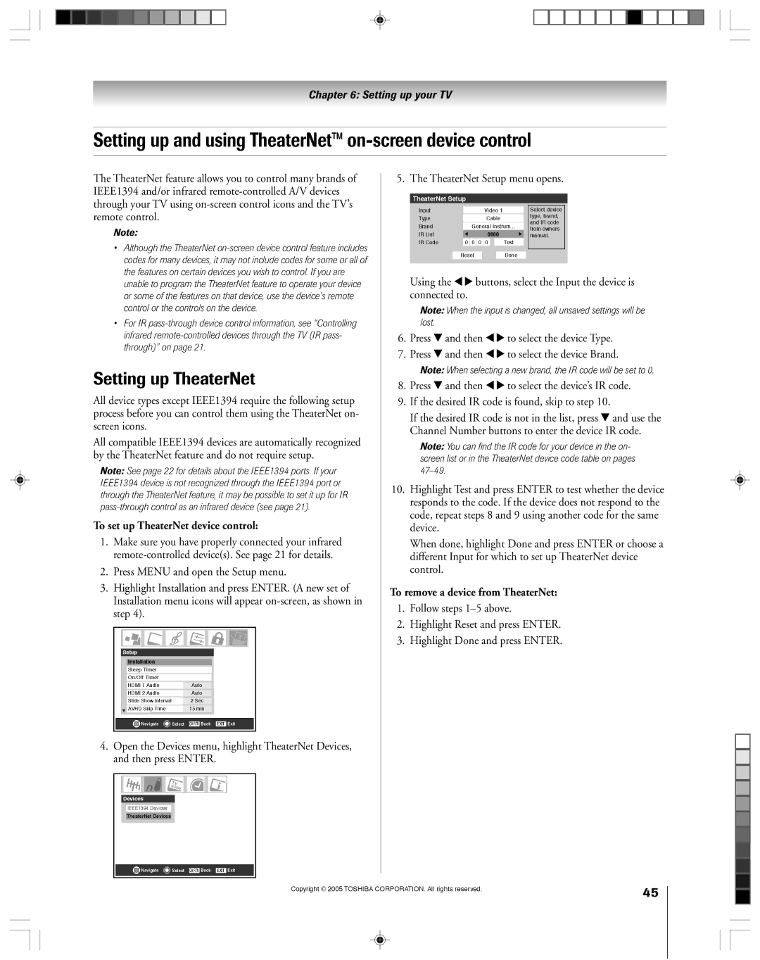 Toshiba 46HM15, 62HM15A owner manual Setting up and using TheaterNet on-screen device control, Setting up TheaterNet 