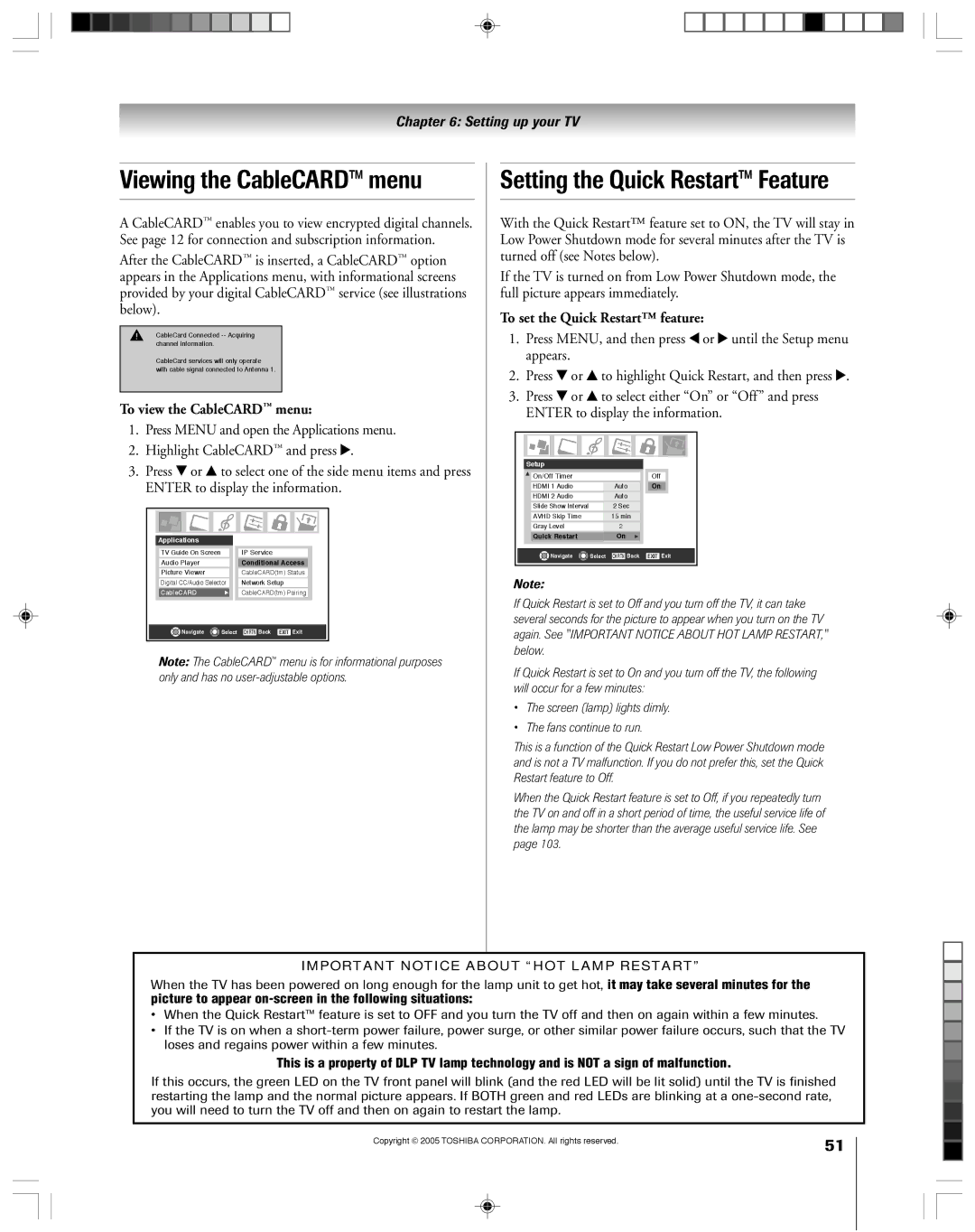 Toshiba 46HM15, 62HM15A Viewing the CableCARD menu, Setting the Quick Restart Feature, To view the CableCARD menu 