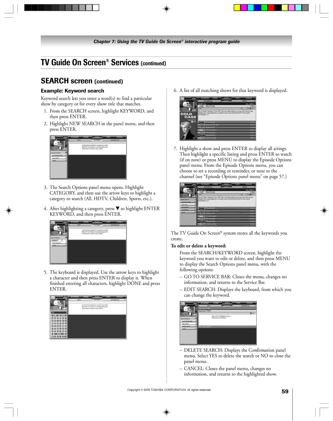 Toshiba 46HM15, 62HM15A owner manual List of all matching shows for that keyword is displayed, To edit or delete a keyword 