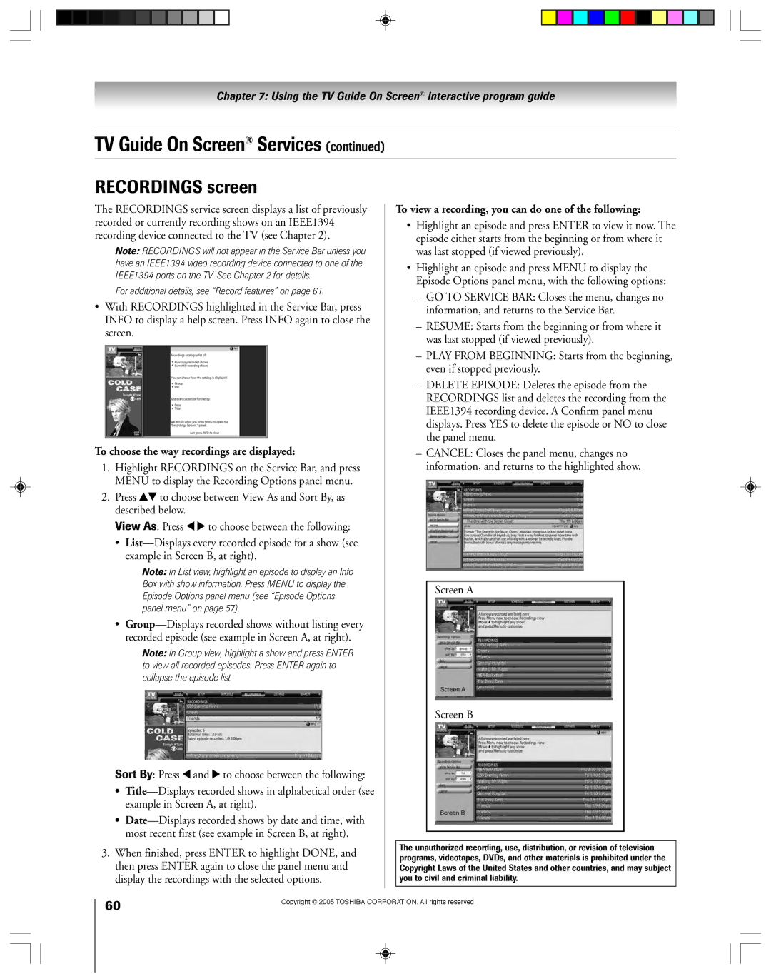 Toshiba 62HM15A, 46HM15 owner manual Recordings screen, To choose the way recordings are displayed, Screen a Screen B 