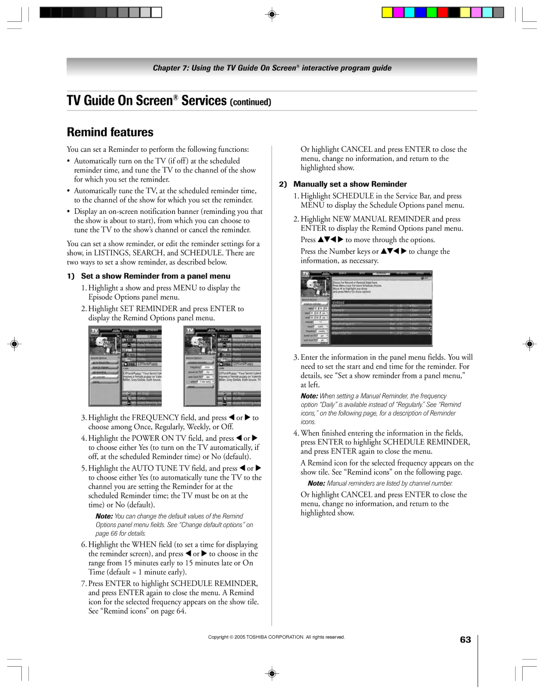 Toshiba 46HM15, 62HM15A owner manual Remind features, Set a show Reminder from a panel menu, Manually set a show Reminder 