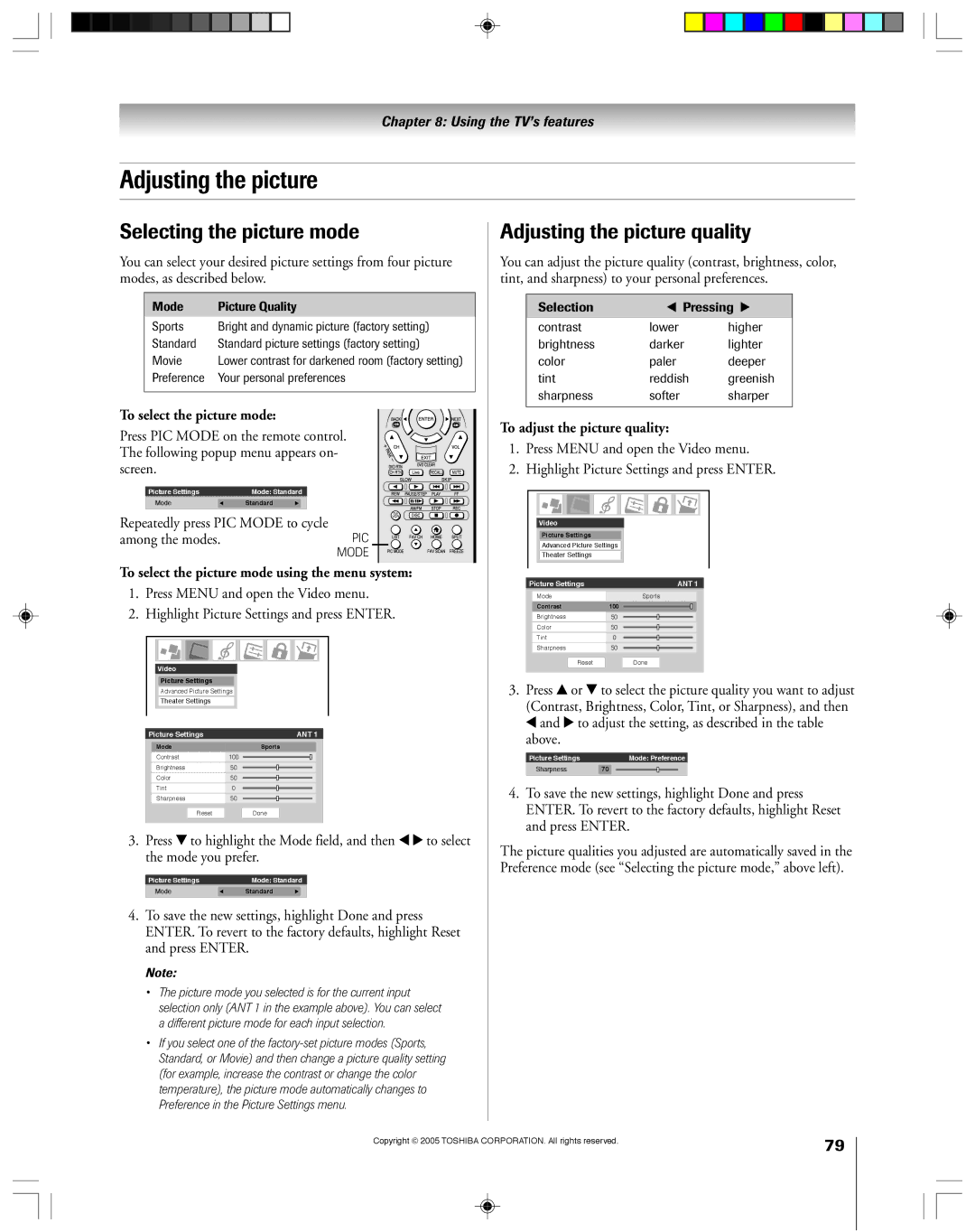 Toshiba 46HM15, 62HM15A owner manual Selecting the picture mode, Adjusting the picture quality 