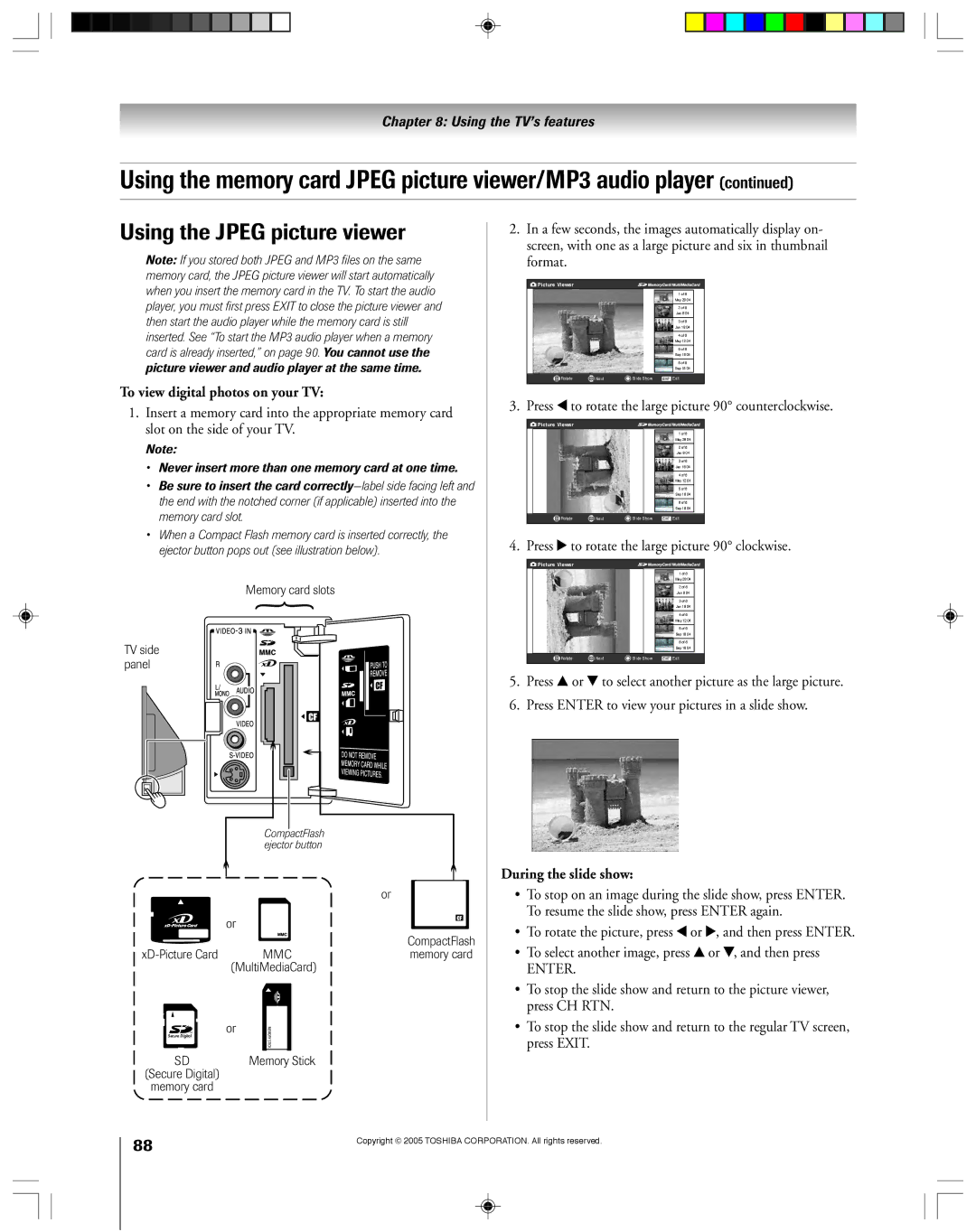 Toshiba 62HM15A, 46HM15 owner manual Using the Jpeg picture viewer, To view digital photos on your TV, During the slide show 