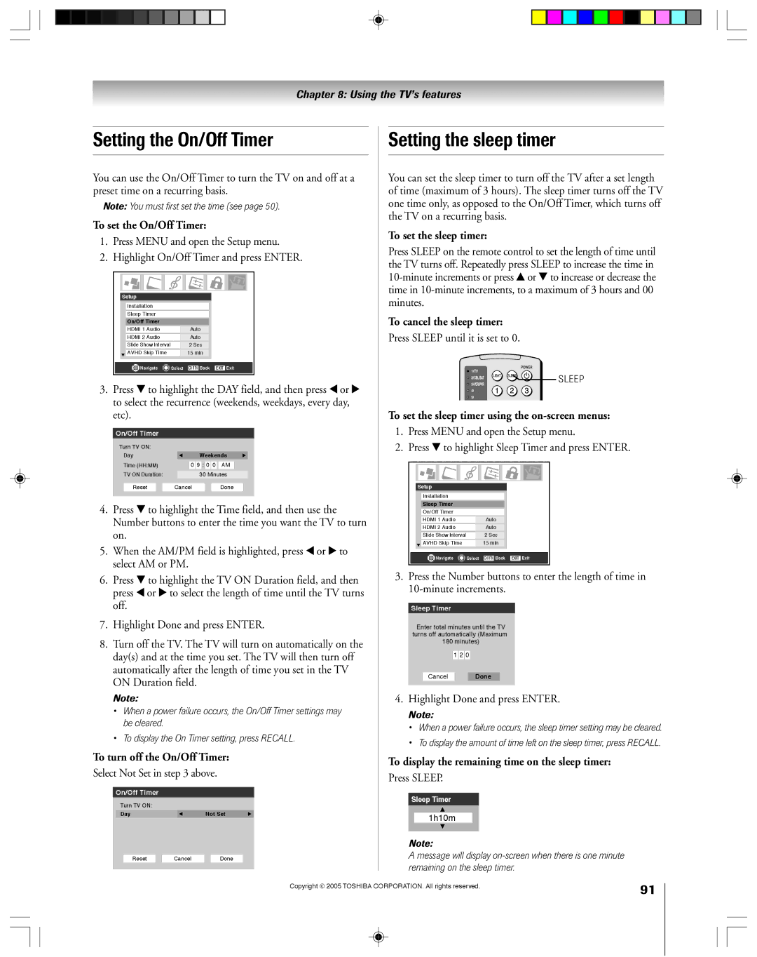 Toshiba 46HM15, 62HM15A owner manual Setting the On/Off Timer, Setting the sleep timer 