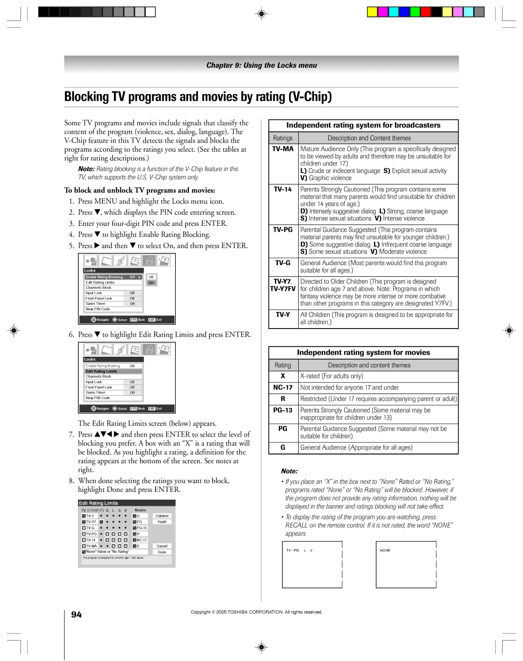 Toshiba 62HM15A, 46HM15 Blocking TV programs and movies by rating V-Chip, To block and unblock TV programs and movies 