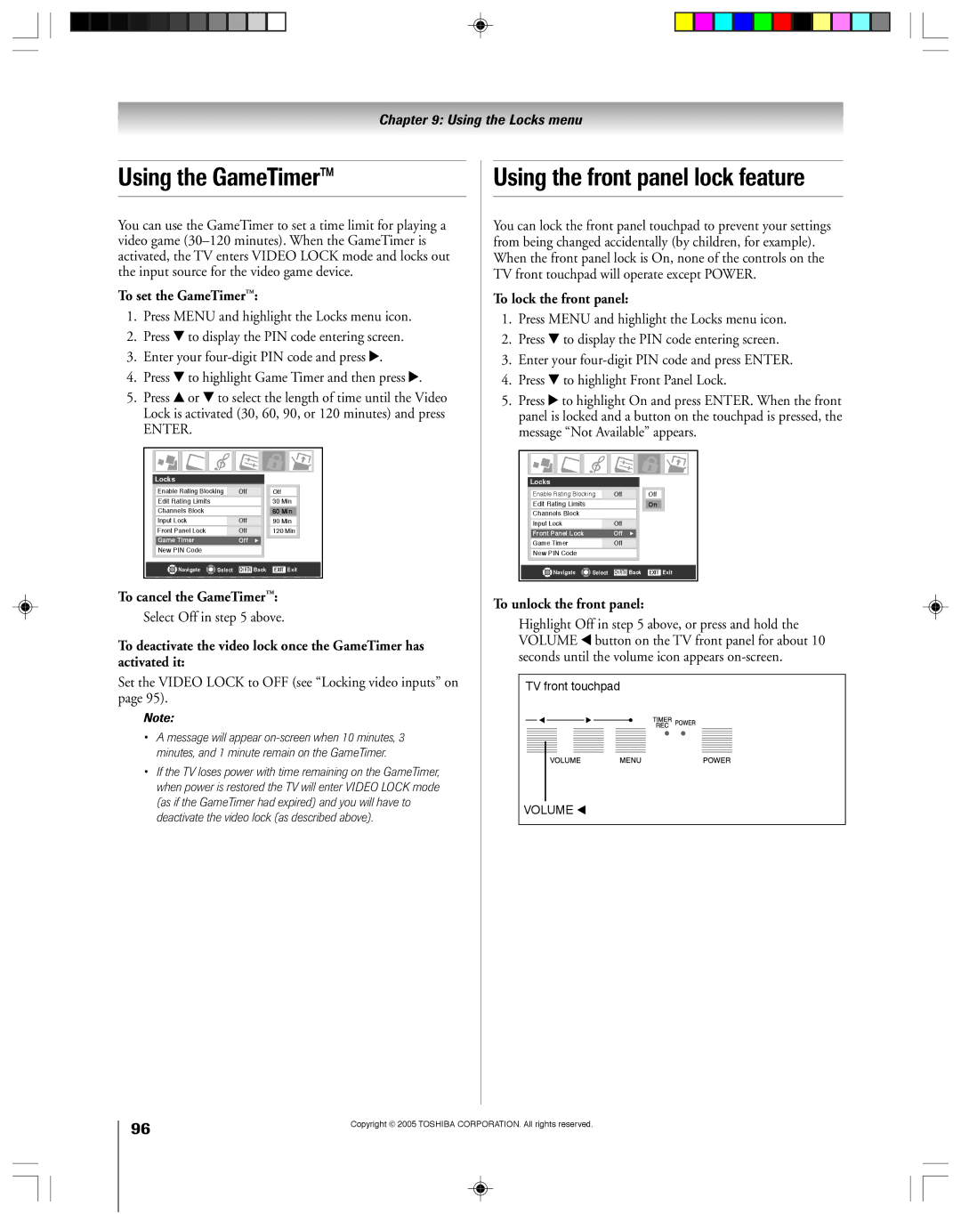 Toshiba 62HM15A, 46HM15 owner manual Using the GameTimer, Using the front panel lock feature 