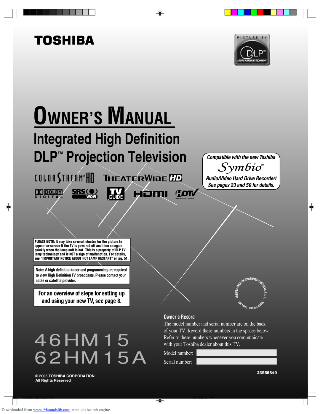 Toshiba owner manual 46HM15 62HM15A 