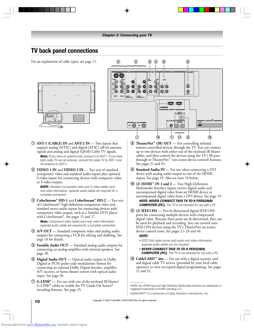 Toshiba 62HM15A owner manual TV back panel connections, 7 !¡ 