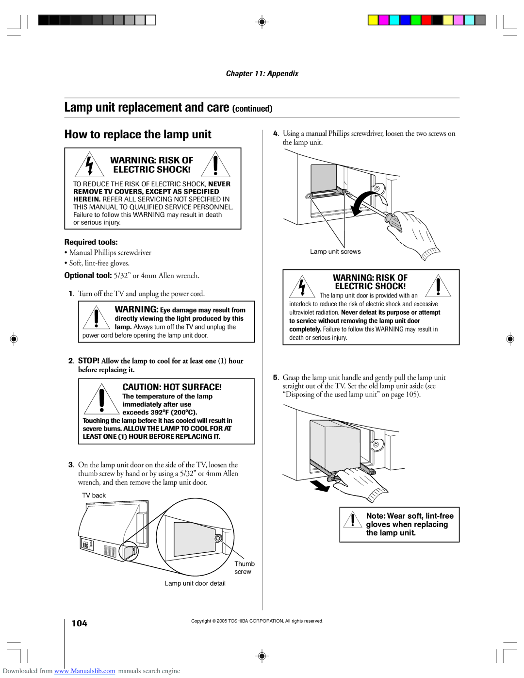 Toshiba 62HM15A owner manual How to replace the lamp unit, Grasp the lamp unit handle and gently pull the lamp unit 