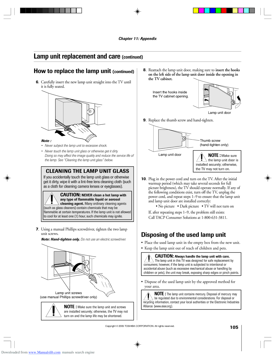 Toshiba 62HM15A Disposing of the used lamp unit, Replace the thumb screw and hand-tighten, Call Tacp Consumer Solutions at 