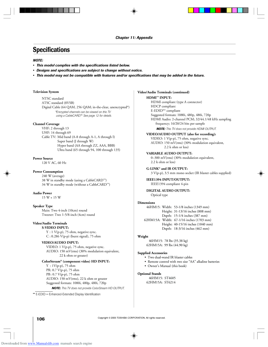 Toshiba 62HM15A owner manual Specifications, Television System 