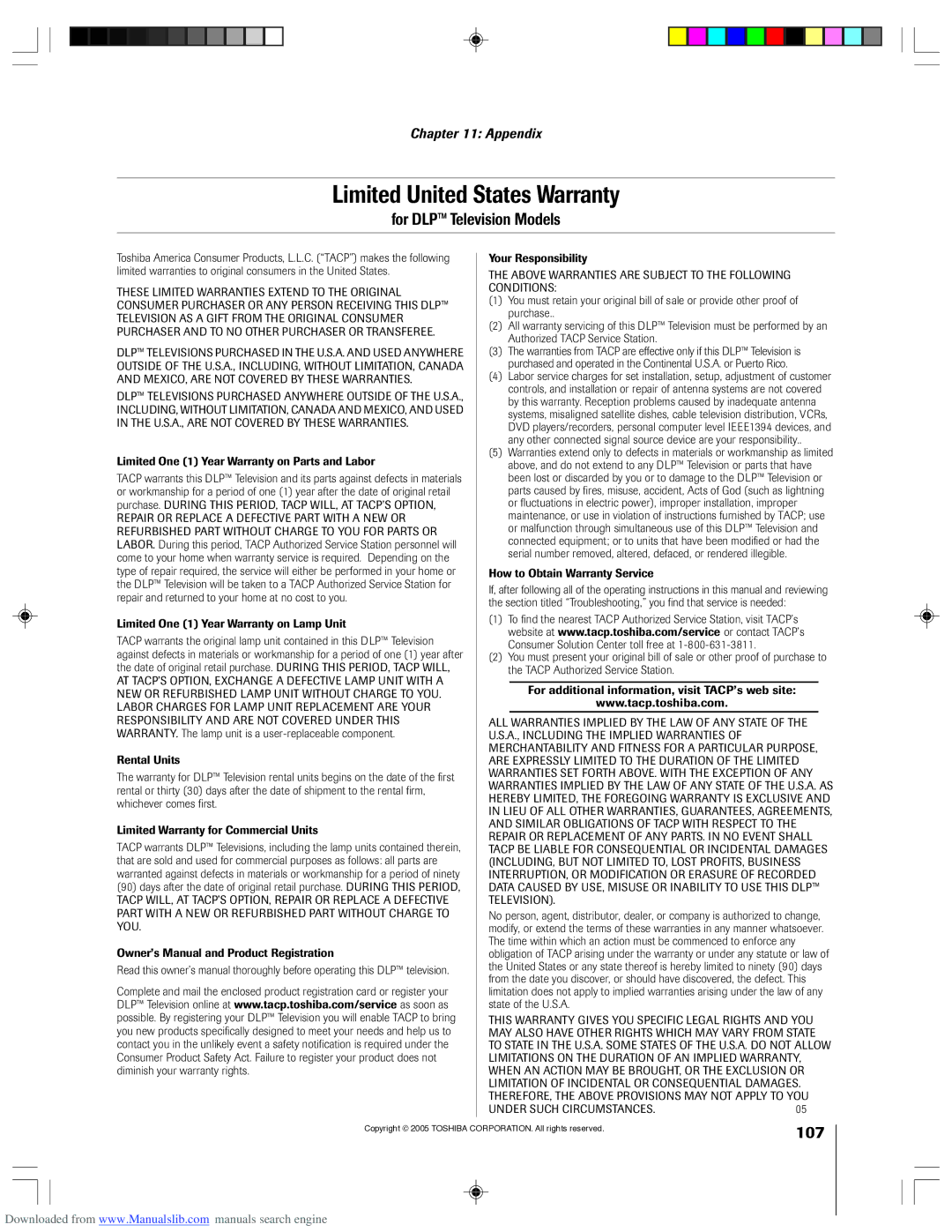 Toshiba 62HM15A owner manual Limited United States Warranty, For DLP Television Models 