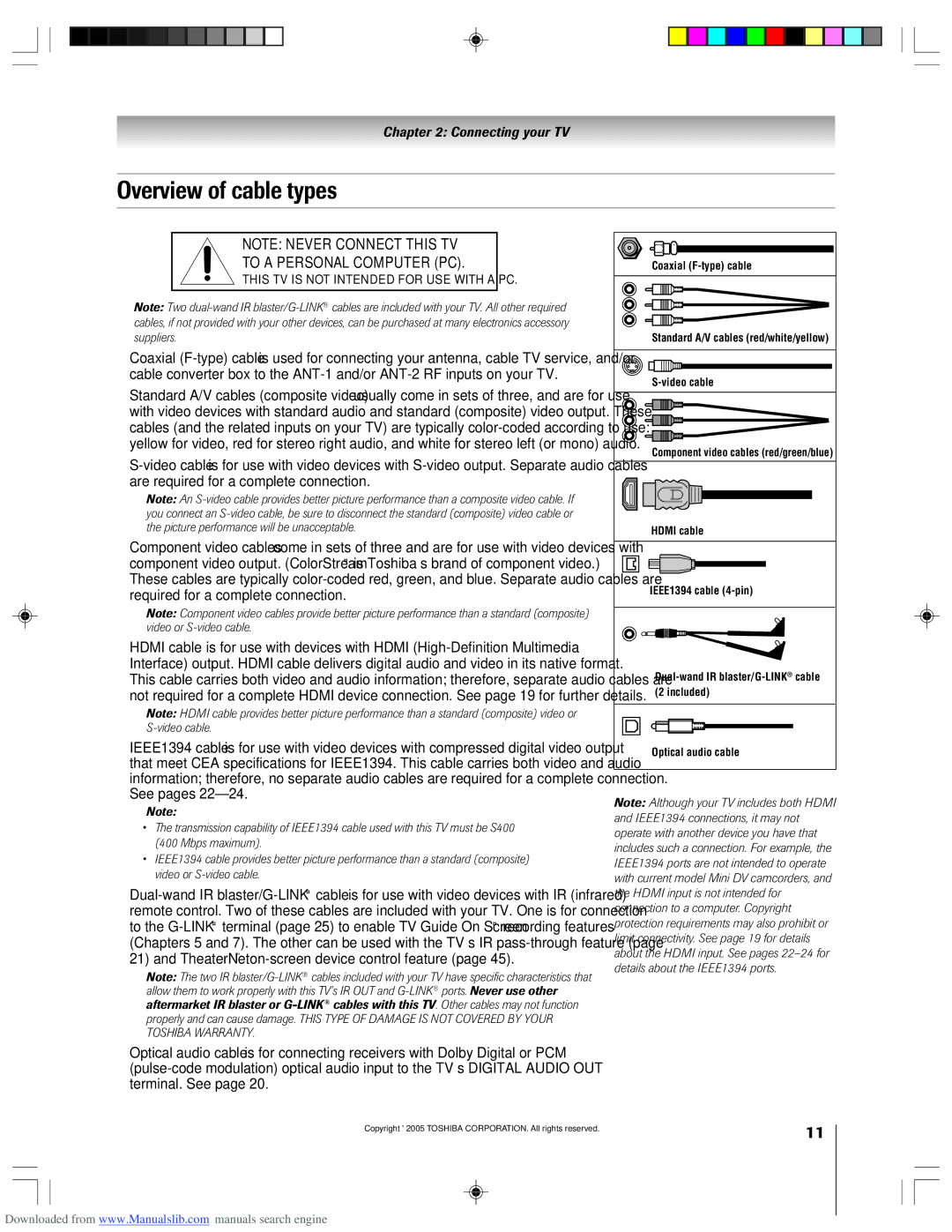 Toshiba 62HM15A owner manual Overview of cable types, To a Personal Computer PC 