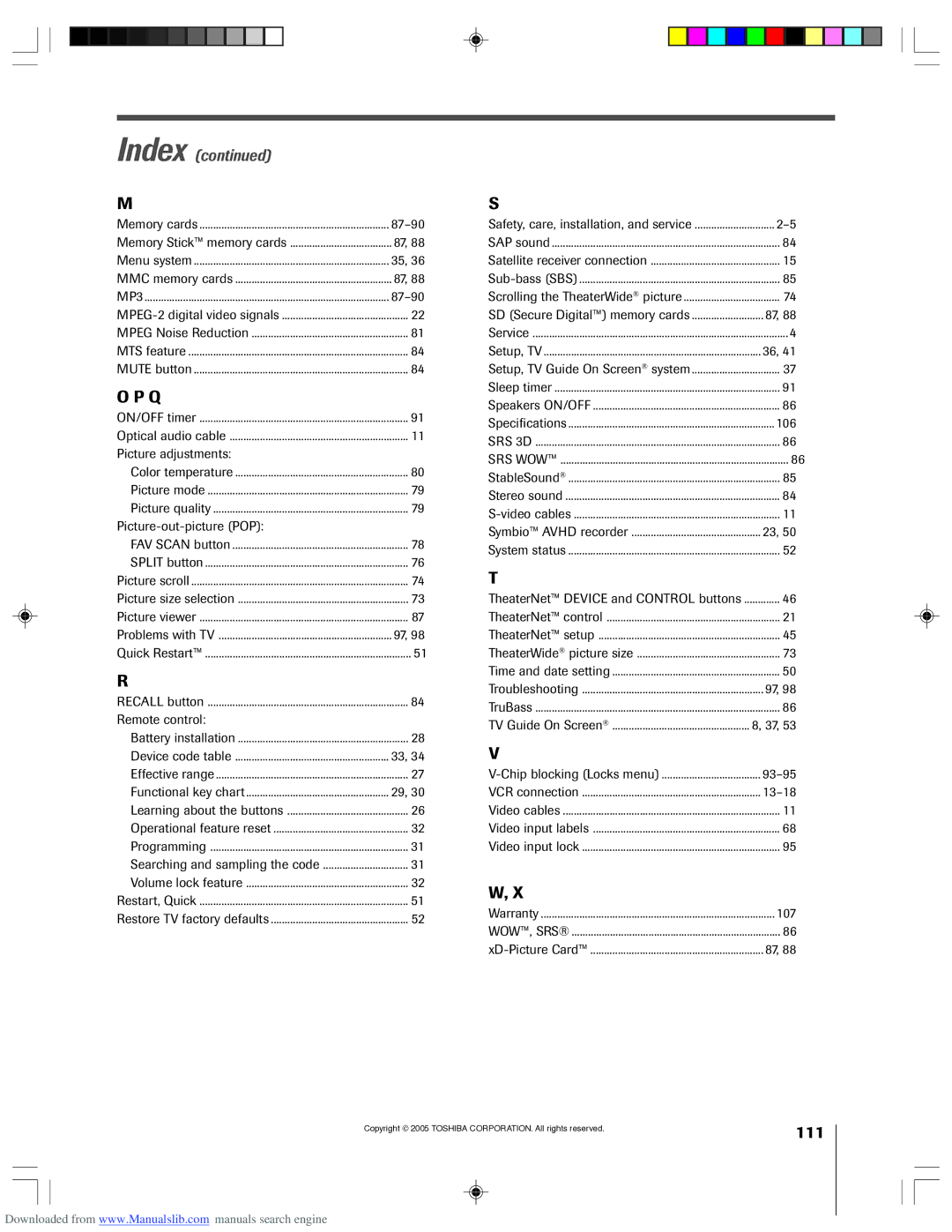 Toshiba 62HM15A owner manual Picture adjustments, Picture-out-picture POP, 2Ð5, 106, 93Ð95, 13Ð18, 107 