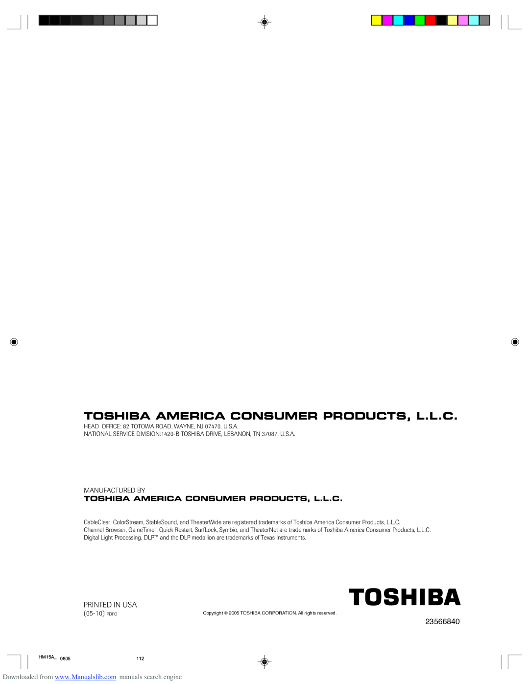 Toshiba 62HM15A owner manual Toshiba America Consumer PRODUCTS, L.L.C 