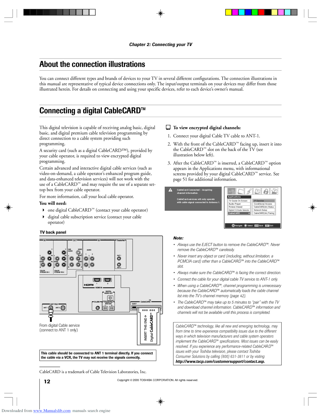 Toshiba 62HM15A owner manual To view encrypted digital channels, You will need, TV back panel 