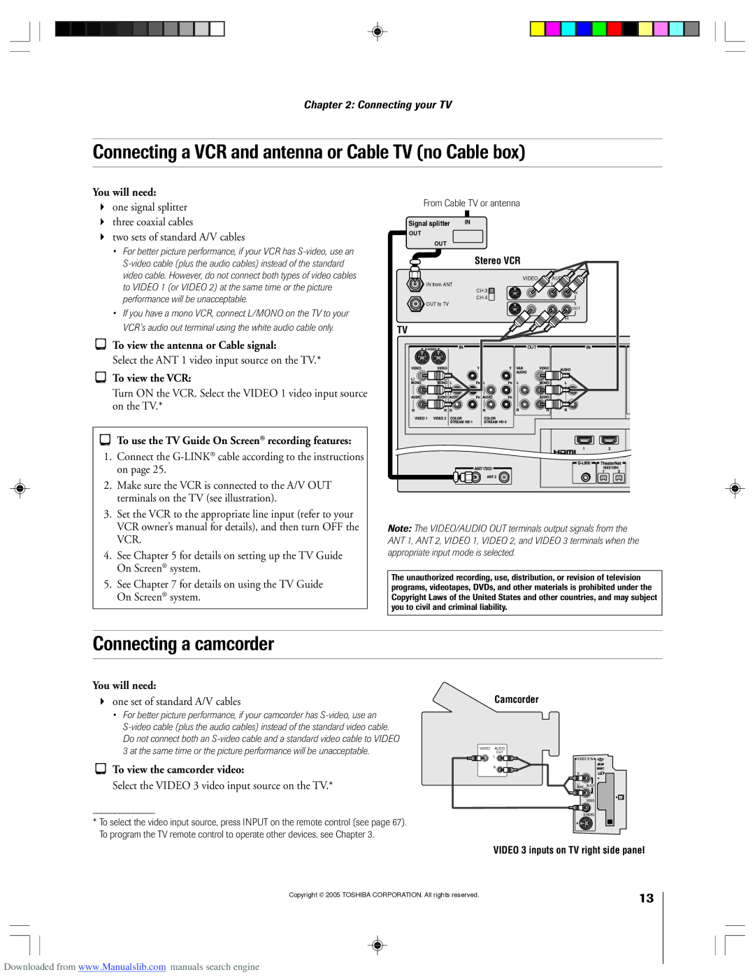 Toshiba 62HM15A owner manual Connecting a VCR and antenna or Cable TV no Cable box, Connecting a camcorder 