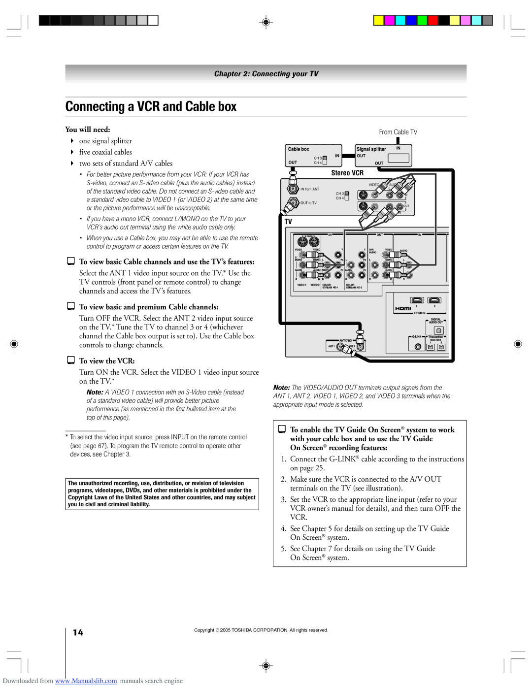 Toshiba 62HM15A owner manual Connecting a VCR and Cable box, To view basic Cable channels and use the TV’s features 