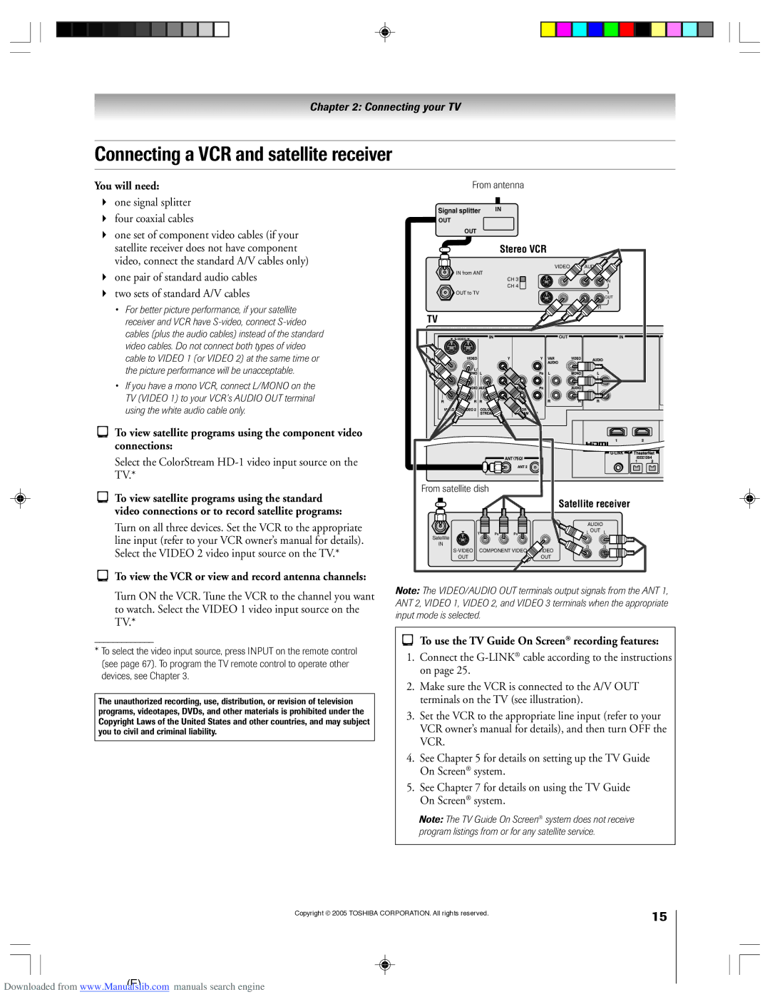 Toshiba 62HM15A owner manual Connecting a VCR and satellite receiver, One signal splitter Four coaxial cables 