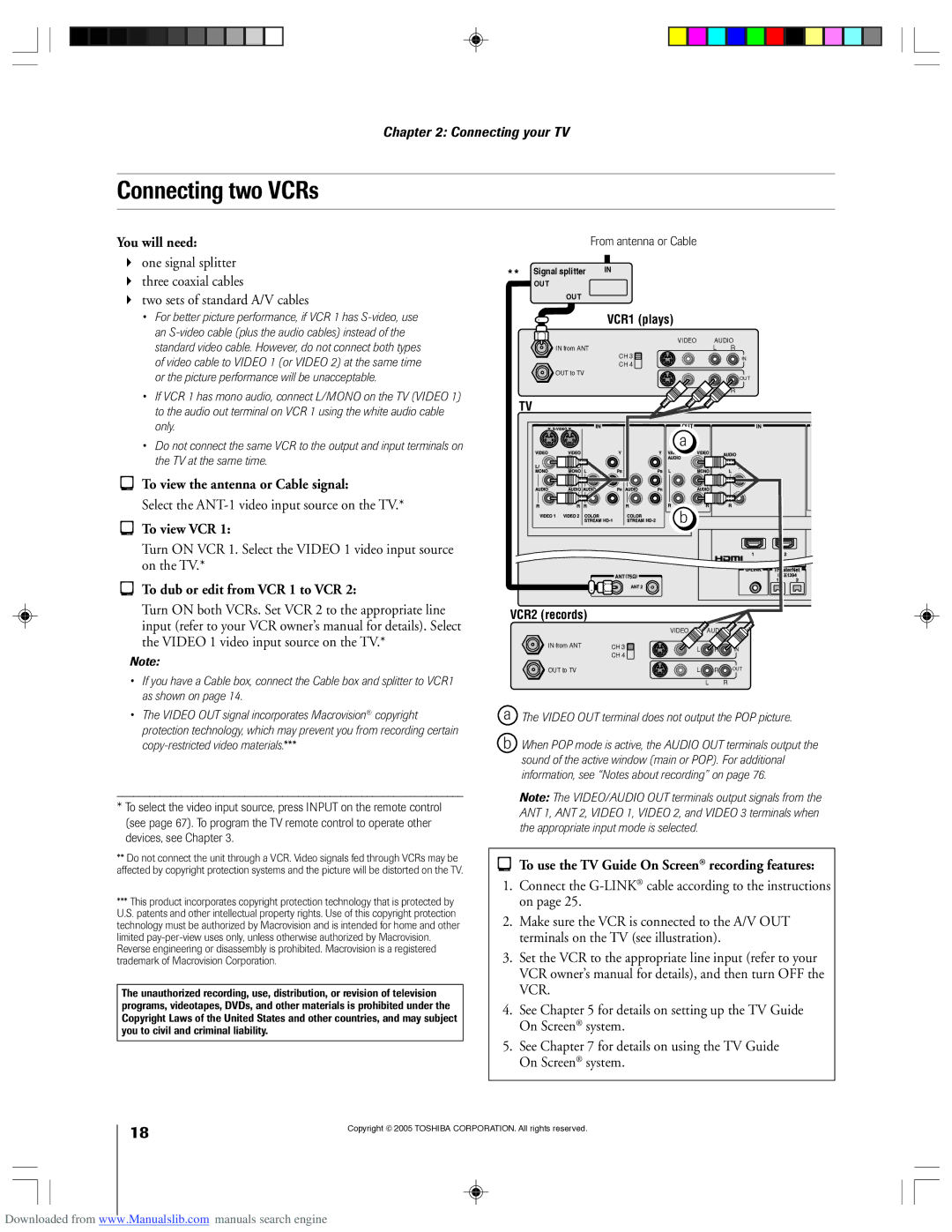 Toshiba 62HM15A owner manual Connecting two VCRs, Select the ANT-1 video input source on the TV, To view VCR 