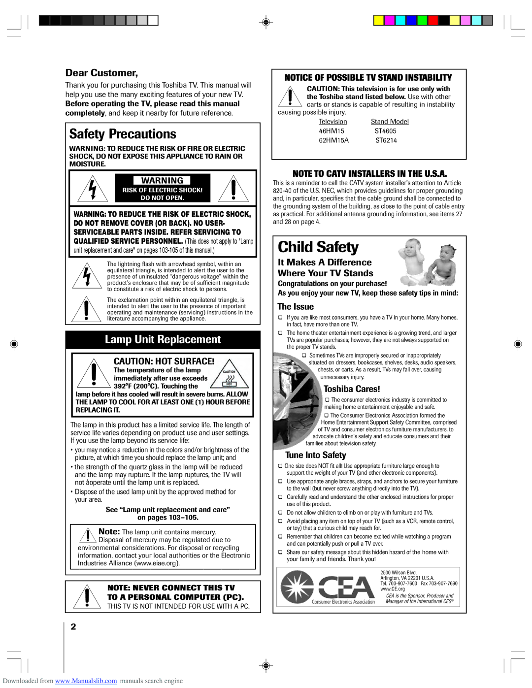 Toshiba owner manual Safety Precautions, 46HM15 ST4605 62HM15A ST6214 