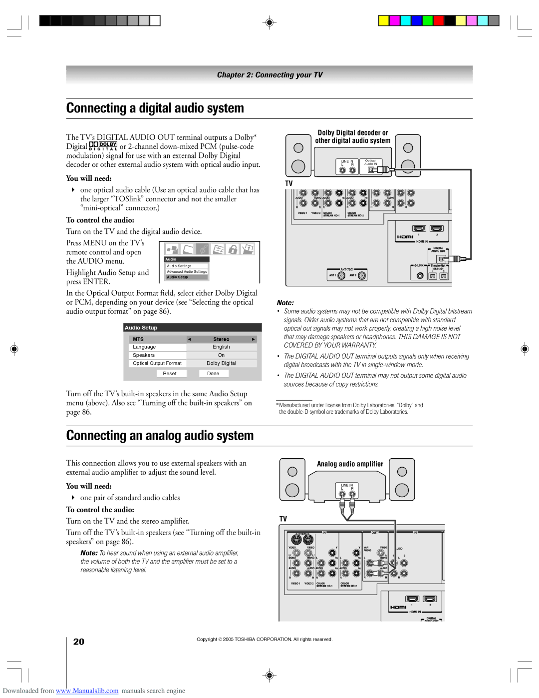 Toshiba 62HM15A owner manual Connecting a digital audio system, Connecting an analog audio system, To control the audio 