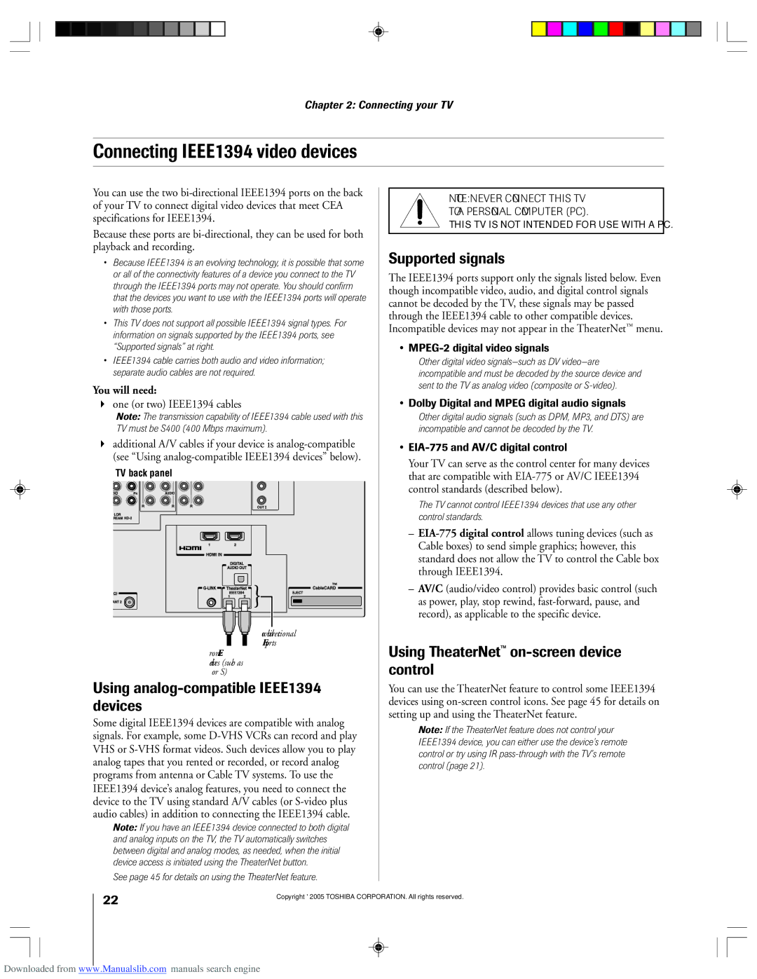 Toshiba 62HM15A owner manual Connecting IEEE1394 video devices, Using analog-compatible IEEE1394 devices, Supported signals 