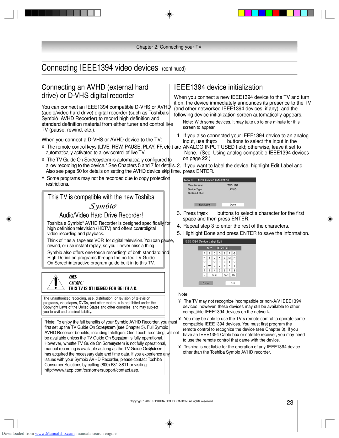 Toshiba 62HM15A owner manual IEEE1394 device initialization, When you connect a D-VHS or Avhd device to the TV 