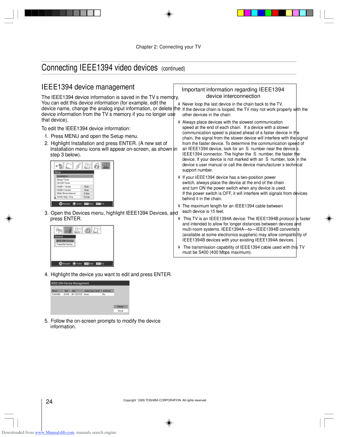 Toshiba 62HM15A owner manual IEEE1394 device management, To edit the IEEE1394 device information 