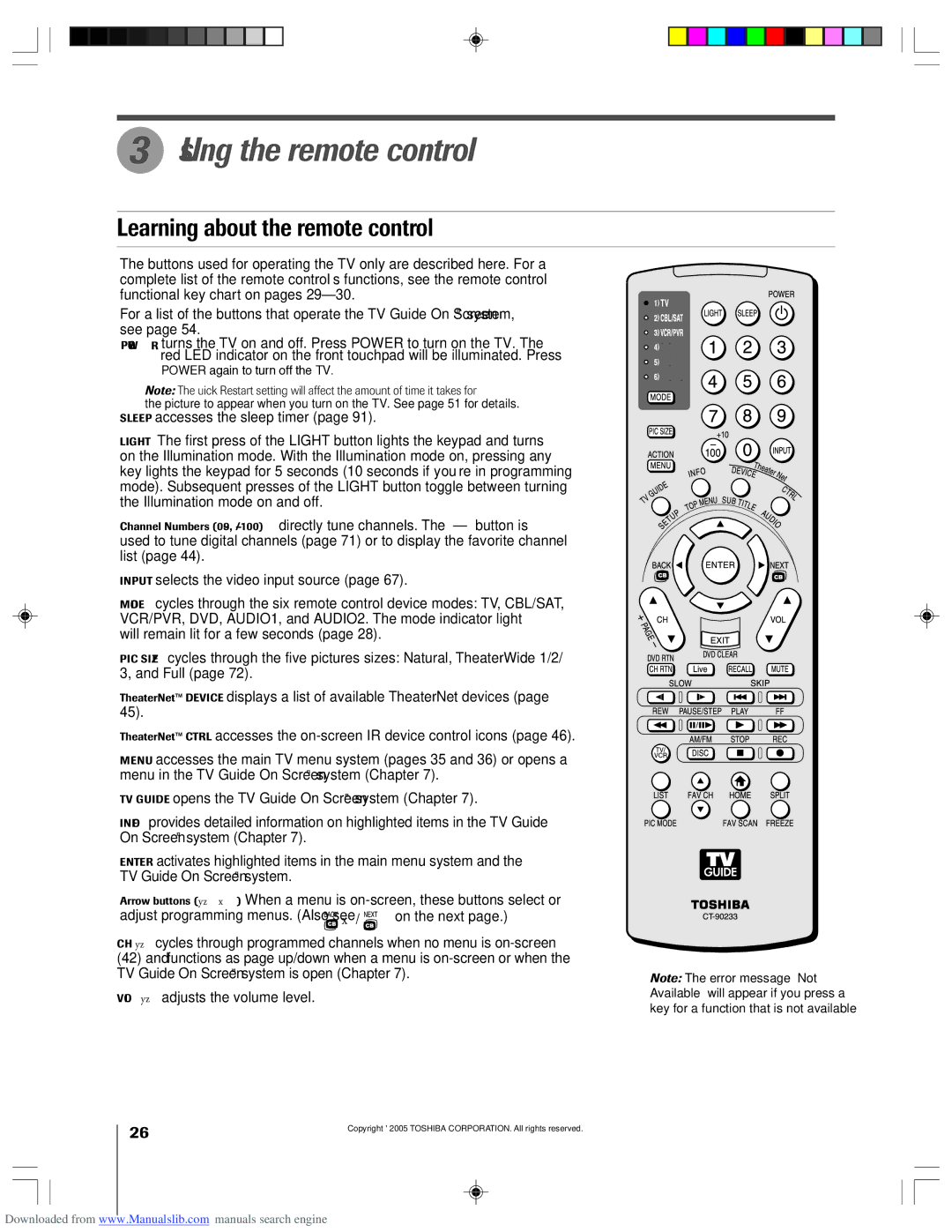 Toshiba 62HM15A Using the remote control, Learning about the remote control, Key for a function that is not available 