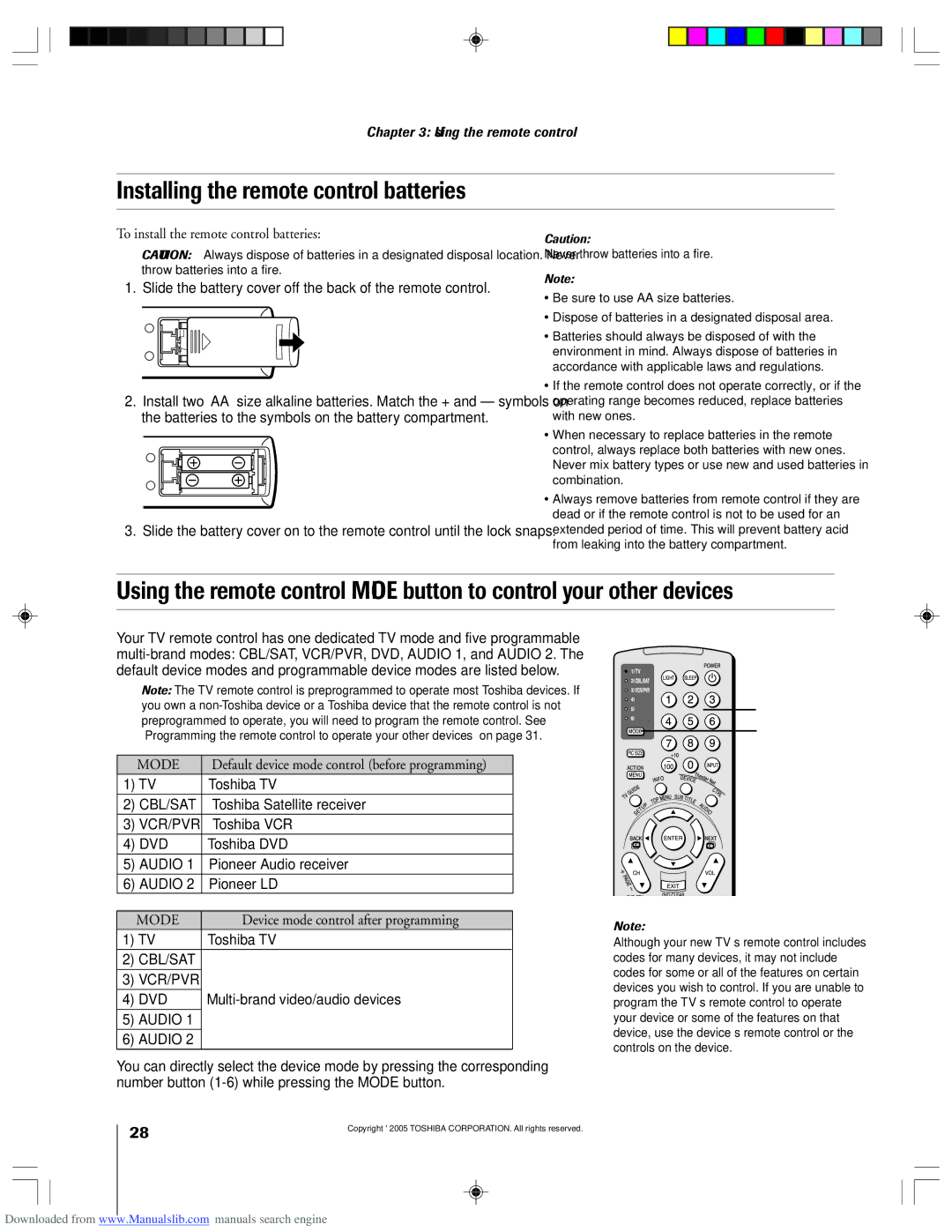 Toshiba 62HM15A owner manual Installing the remote control batteries, To install the remote control batteries 