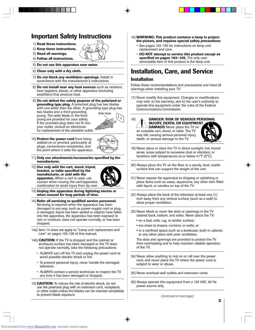 Toshiba 62HM15A owner manual Important Safety Instructions, Installation, Care, and Service, On next 